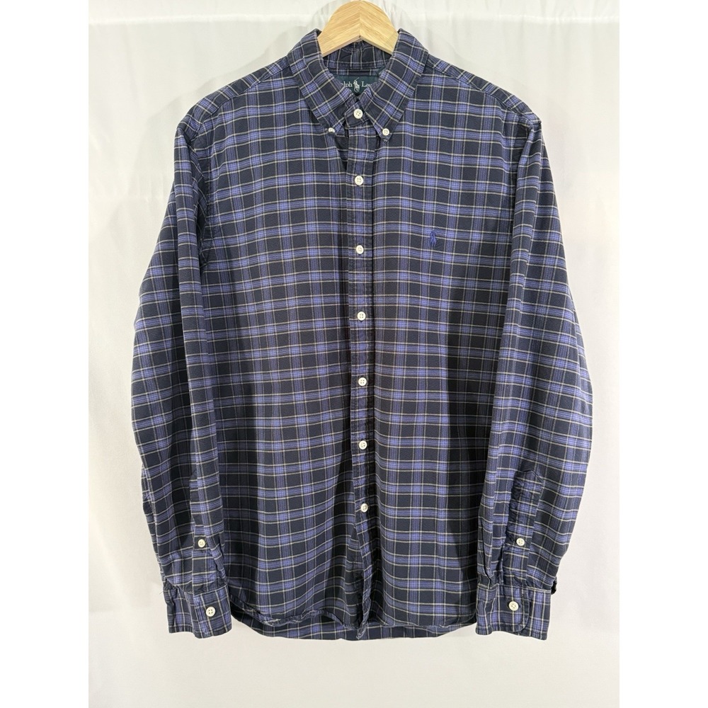 Ralph Lauren‎ Custom Fit Oxford Long Sleeve Shirt Navy Plaid Tartan OCBD Mens L